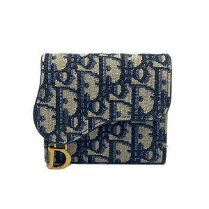 Dior Compact Zip Tri fold Wallet Canvas Blue Beige and